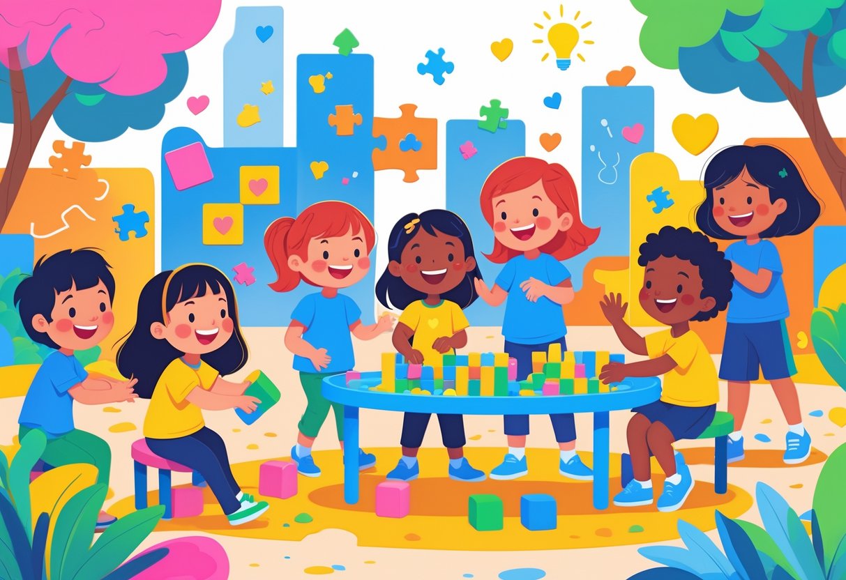 Crianças diversas brincando juntas em um playground colorido, colaborando em jogos que estimulam a criatividade e habilidades sociais e emocionais.