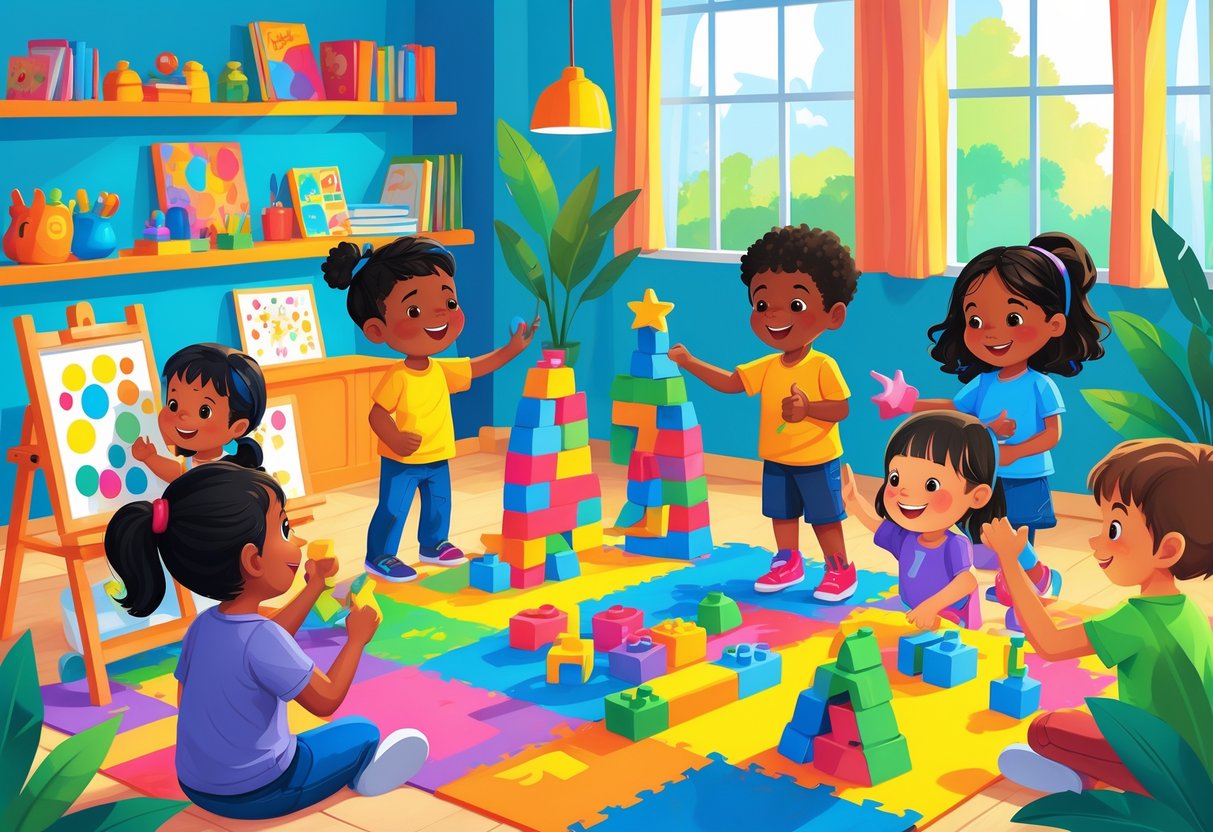 Crianças brincando em um ambiente colorido, envolvidas em atividades criativas como pintura, construção com blocos e jogos de faz de conta.