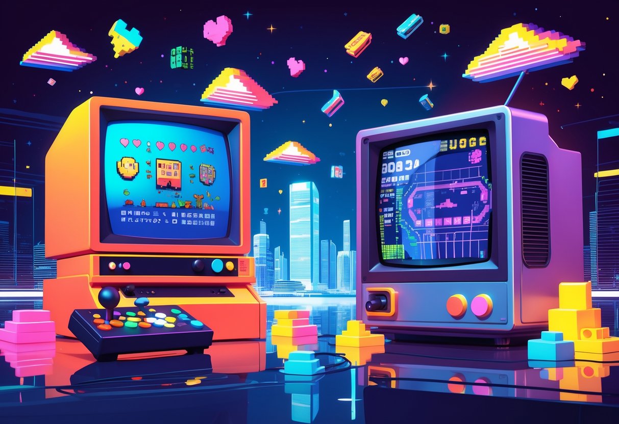 Um setup de jogos retrô com um arcade clássico, uma televisão antiga exibindo gráficos pixelados e um controle de videogame, cercados por ícones coloridos de jogos, com uma cidade moderna ao fundo misturada a elementos digitais retrô.