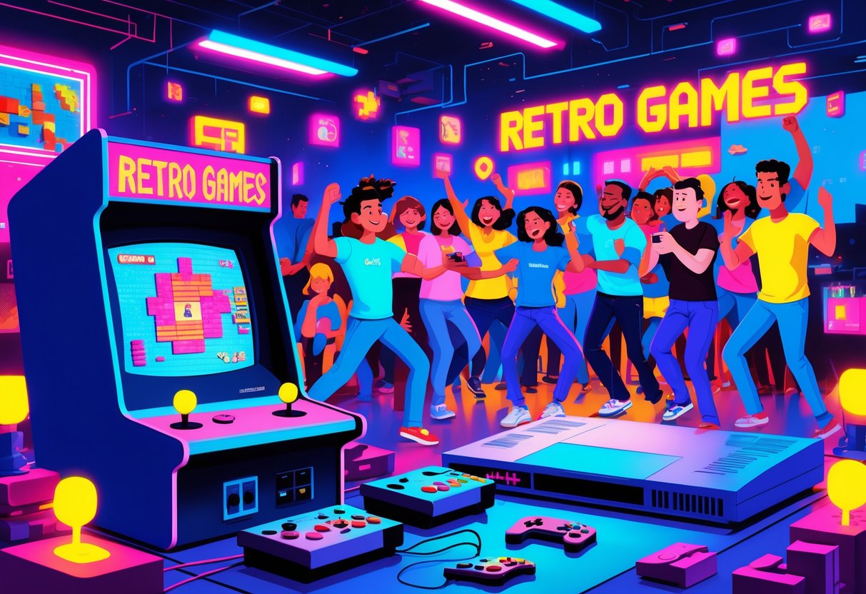 Uma cena com um console de videogame retrô, uma televisão antiga exibindo um jogo pixelado, personagens e pessoas jogando e comemorando em volta, mostrando a volta dos jogos antigos.