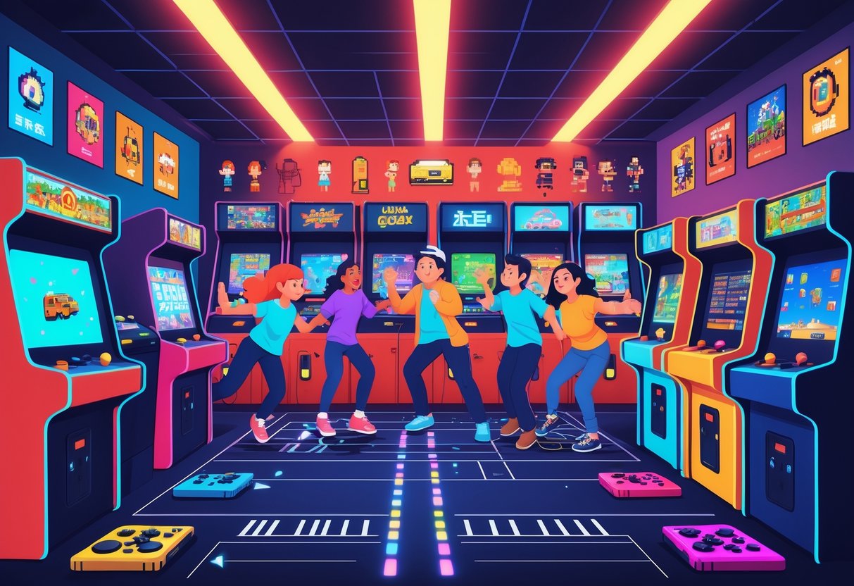 Sala de arcade com máquinas de jogos retrô iluminadas por luzes neon, pessoas jogando animadamente e elementos que representam a mistura entre jogos antigos e modernos.