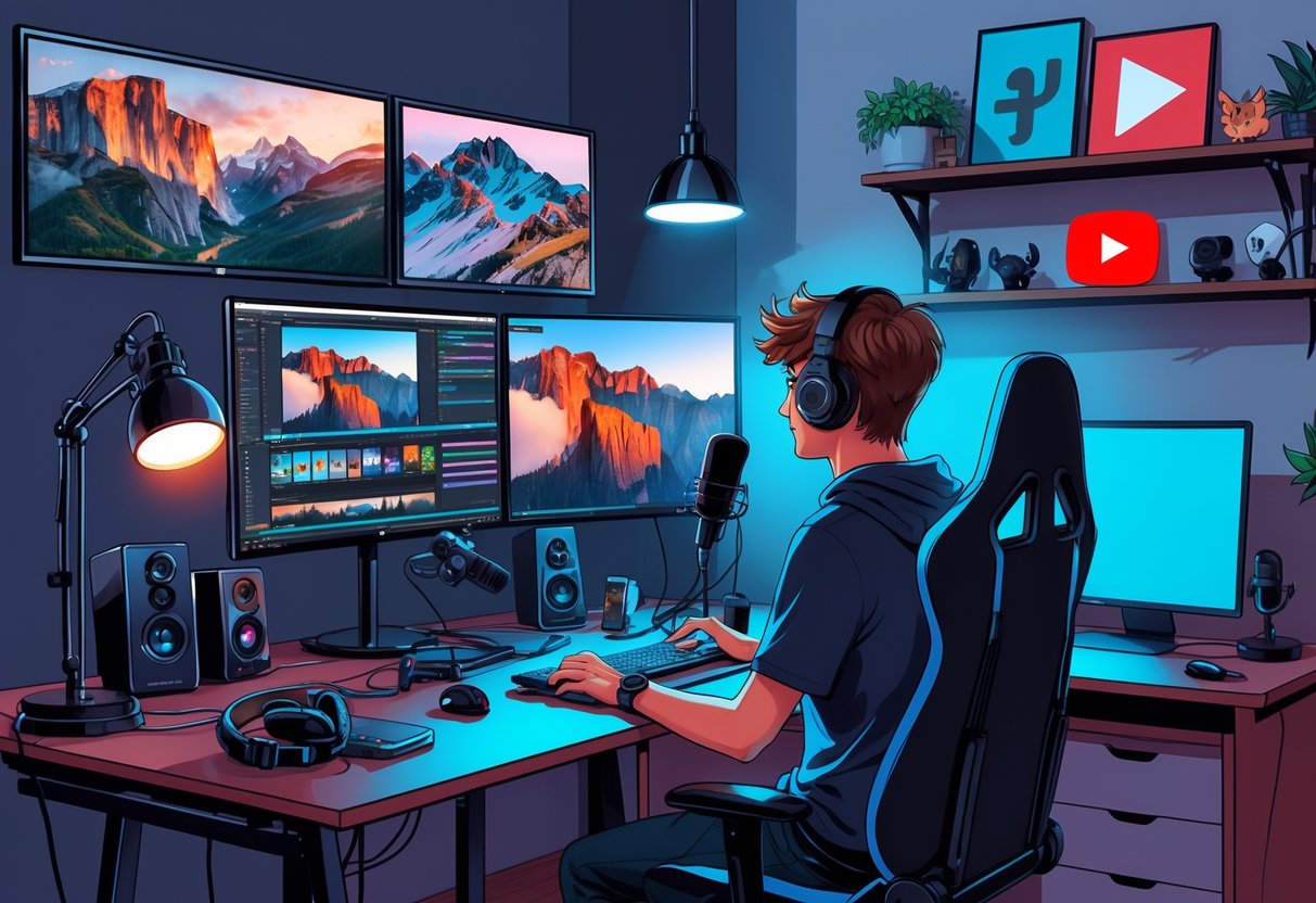 Pessoa jovem em um estúdio doméstico com equipamentos de gravação e edição de vídeo, assistindo a jogos em vários monitores.