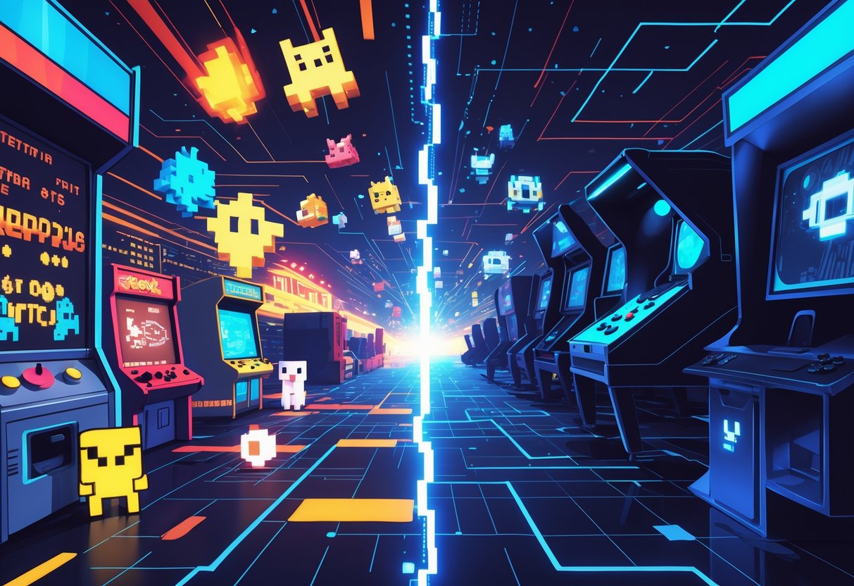 Ilustração mostrando personagens e elementos de jogos retrô de um lado e consoles modernos do outro, conectados por uma ponte pixelada que simboliza a influência dos jogos antigos na indústria atual.
