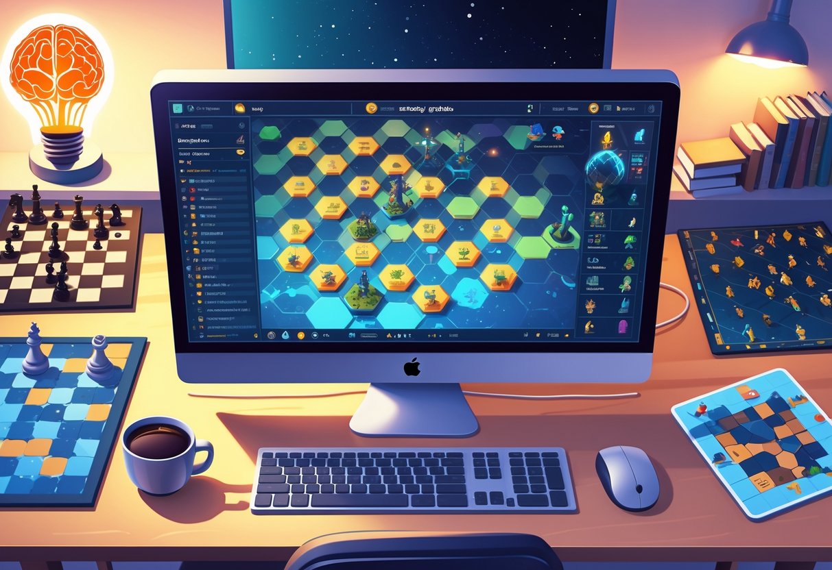 Mesa com computador exibindo jogo de estratégia e elementos representando cinco tipos diferentes de jogos de estratégia para exercitar o cérebro.