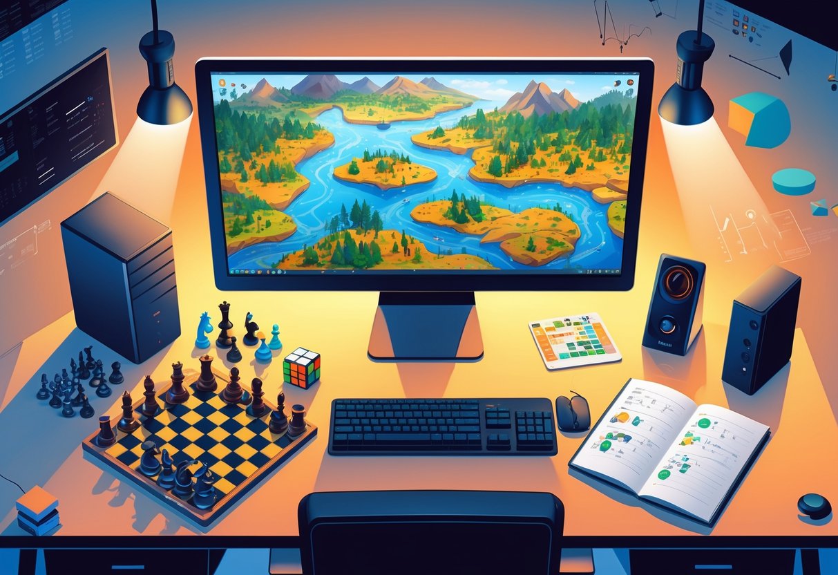 Computador com jogo de estratégia na tela, tabuleiro de xadrez, cubo mágico e caderno com anotações táticas em uma mesa.