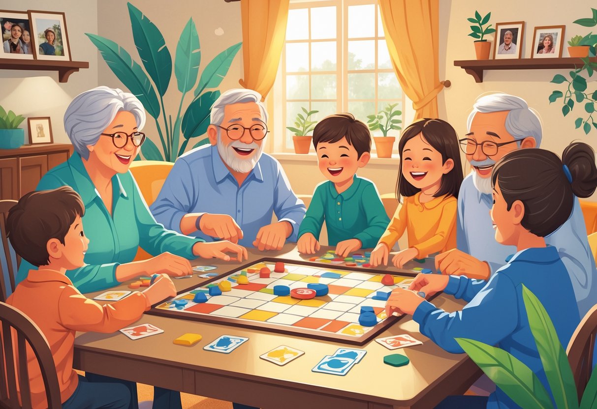 Família de várias gerações jogando jogos cooperativos juntos em uma sala de estar acolhedora, todos sorrindo e se divertindo enquanto jogam em equipe.