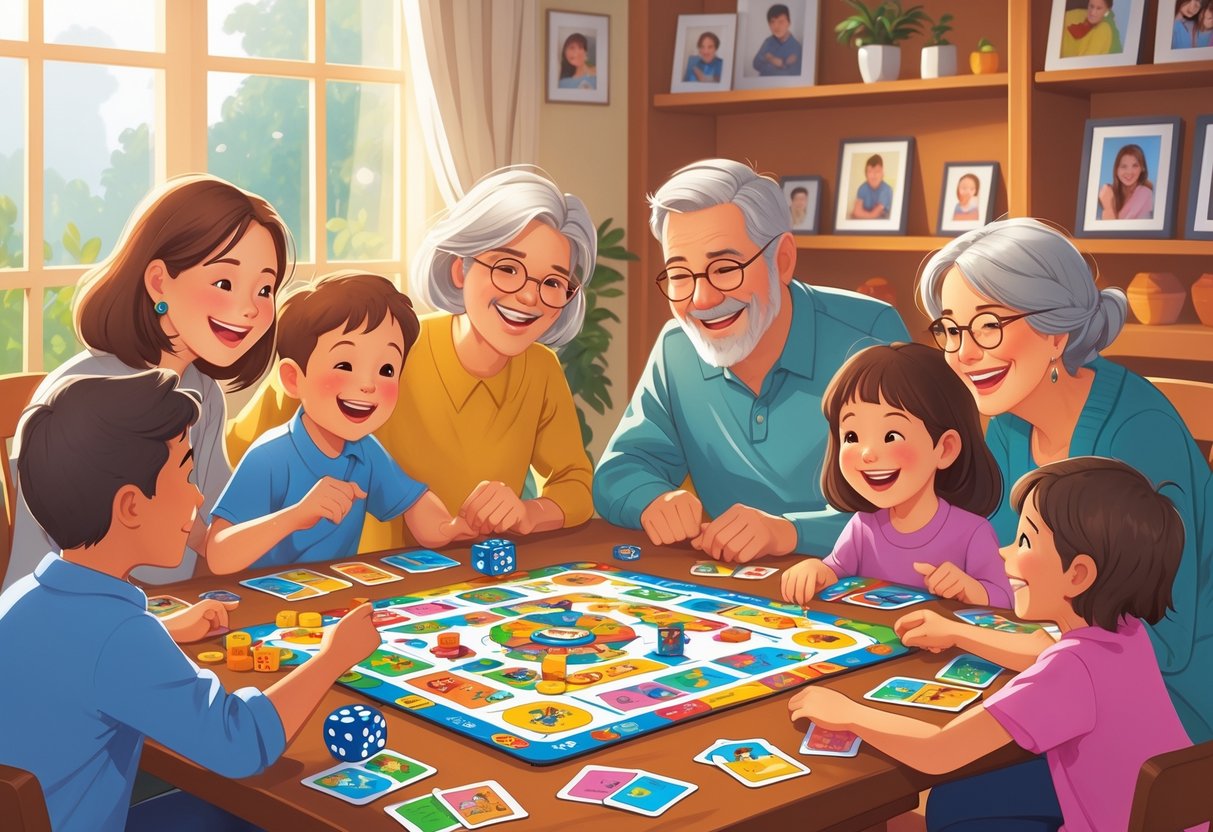 Família reunida em volta de uma mesa jogando jogos cooperativos, sorrindo e interagindo juntos em um ambiente acolhedor.