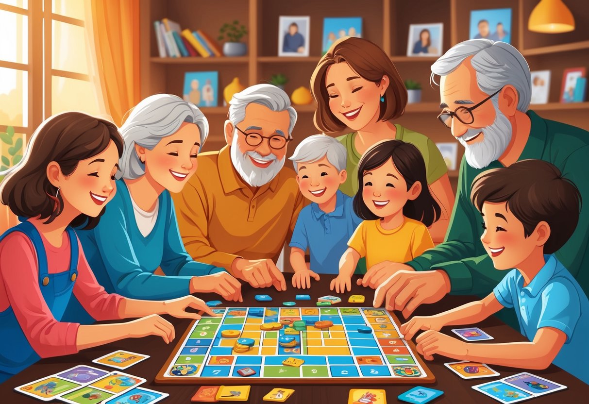Família de várias gerações jogando um jogo cooperativo de tabuleiro em uma mesa, todos sorrindo e colaborando.
