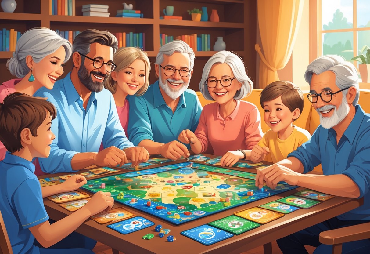 Família reunida ao redor de uma mesa jogando jogos cooperativos, sorrindo e se divertindo juntos.