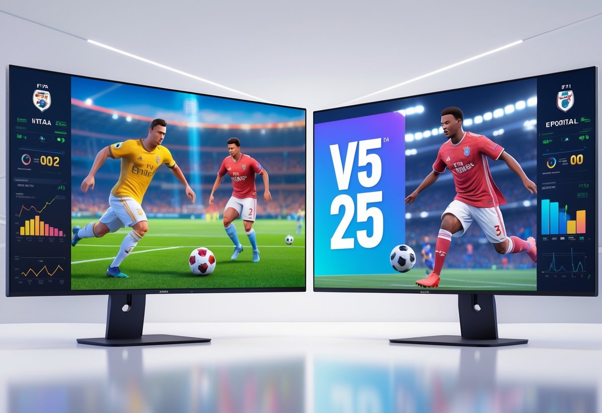 Dois monitores lado a lado mostrando cenas de jogos de futebol, com gráficos e elementos que indicam comparação de desempenho e experiência técnica entre FIFA 25 e eFootball 25.