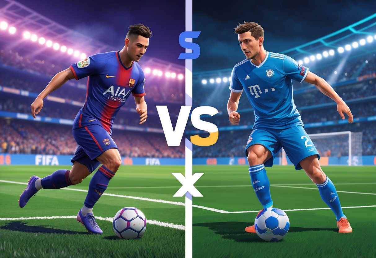 Dois jogadores de futebol em ação em um estádio, representando os jogos FIFA 25 e eFootball 25, lado a lado para comparação.