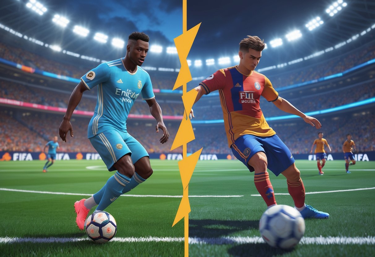 Dois jogadores de futebol em ação em estádios diferentes, representando jogos de videogame FIFA 25 e eFootball 25, mostrando jogabilidade e realismo comparativos.