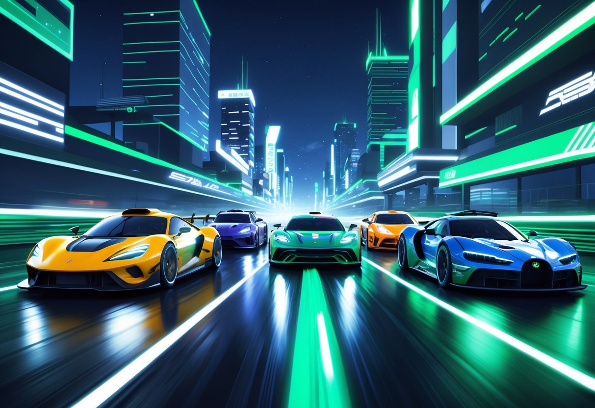 Sete carros de corrida variados em uma pista futurista iluminada por luzes neon em uma cidade à noite.