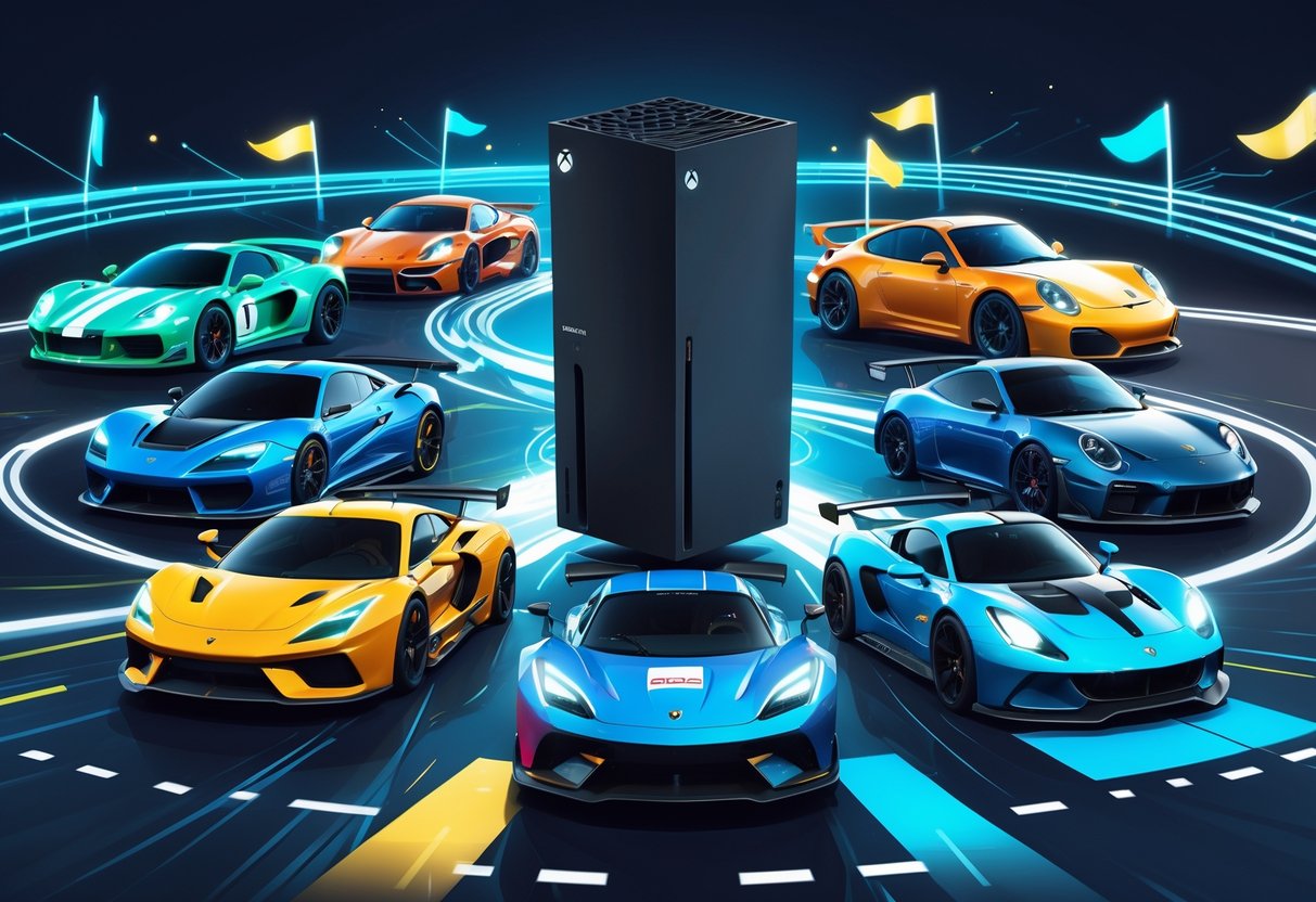 Cena com um console Xbox Series X cercado por sete carros de corrida diferentes em uma pista sinuosa, transmitindo velocidade e competição.