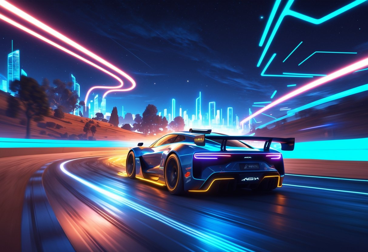 Cena de corrida com um carro futurista em alta velocidade em uma pista iluminada à noite, com diferentes ambientes ao fundo e o console Xbox Series X brilhando suavemente.
