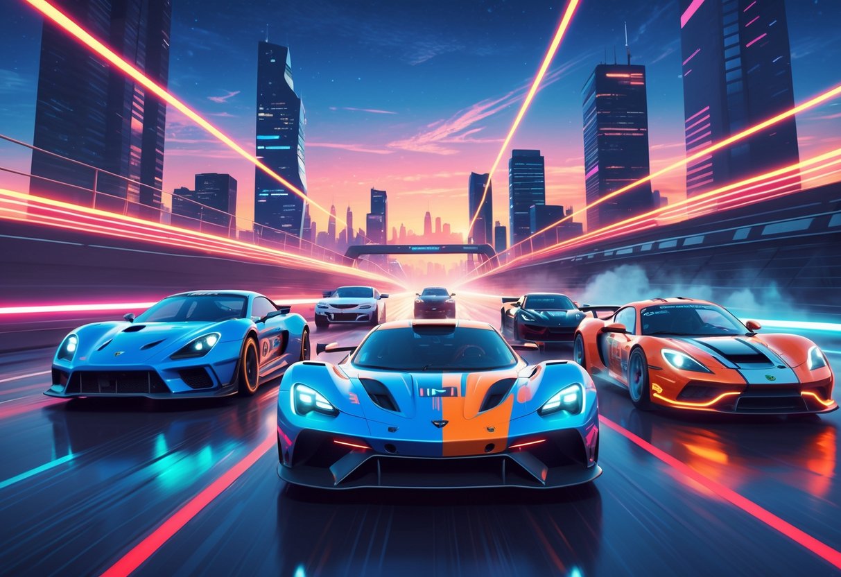 Sete carros de corrida diferentes em alta velocidade em uma pista futurista com luzes neon, com uma paisagem urbana ao fundo.