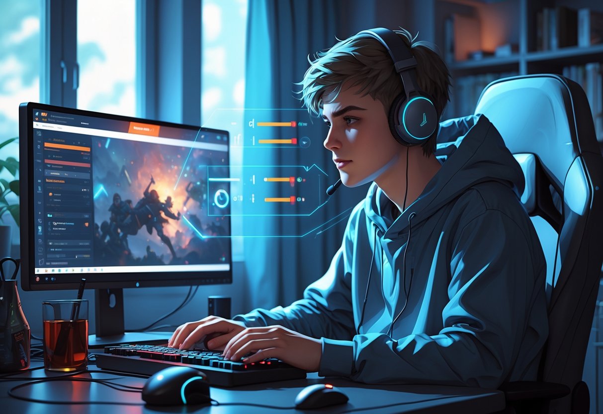 Pessoa sentada em frente a um computador simples, jogando e ajustando configurações para melhorar o desempenho de jogos pesados.