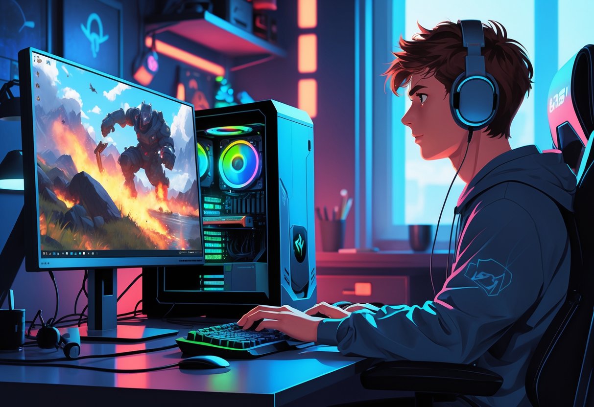 Pessoa jogando em um computador simples com elementos que representam ajustes para melhorar o desempenho do jogo.