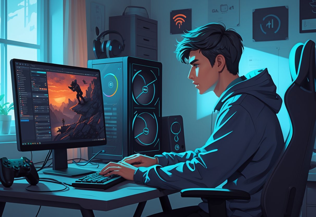 Pessoa sentada em uma mesa usando um computador com configurações de jogos visíveis na tela, em um ambiente organizado e iluminado, simbolizando dicas para rodar jogos pesados em um PC fraco.