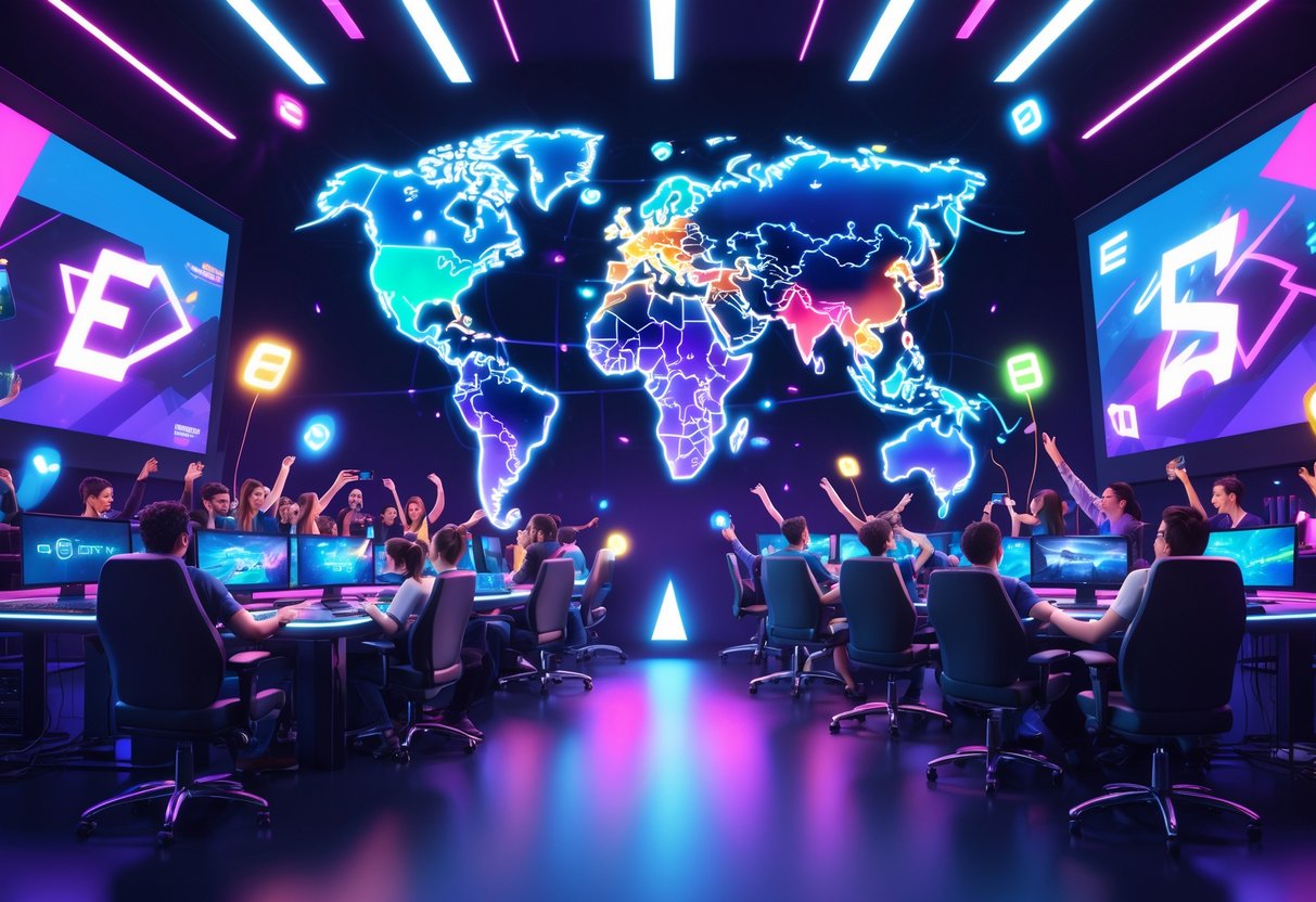 Mapa mundial com marcadores brilhantes mostrando torneios de eSports em 2025, com jogadores e fãs animados em ambientes de jogos tecnológicos ao redor.