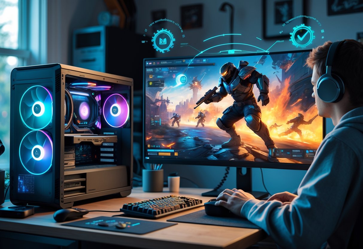 Pessoa usando um computador modesto para jogar um jogo com gráficos intensos, com elementos visuais que mostram desempenho e otimização em um ambiente de escritório doméstico.