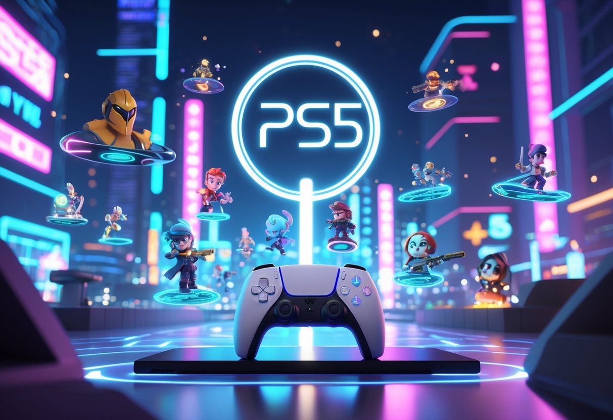 Um console PS5 futurista cercado por personagens e ícones de jogos variados em um cenário digital com luzes neon.