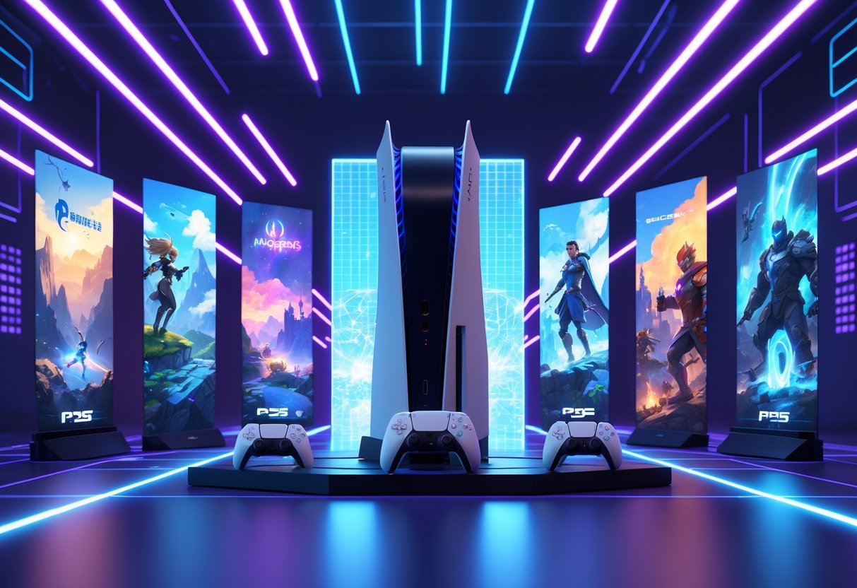 Um console PS5 moderno em destaque com hologramas coloridos de jogos variados ao redor, mostrando paisagens e personagens de diferentes gêneros de jogos.