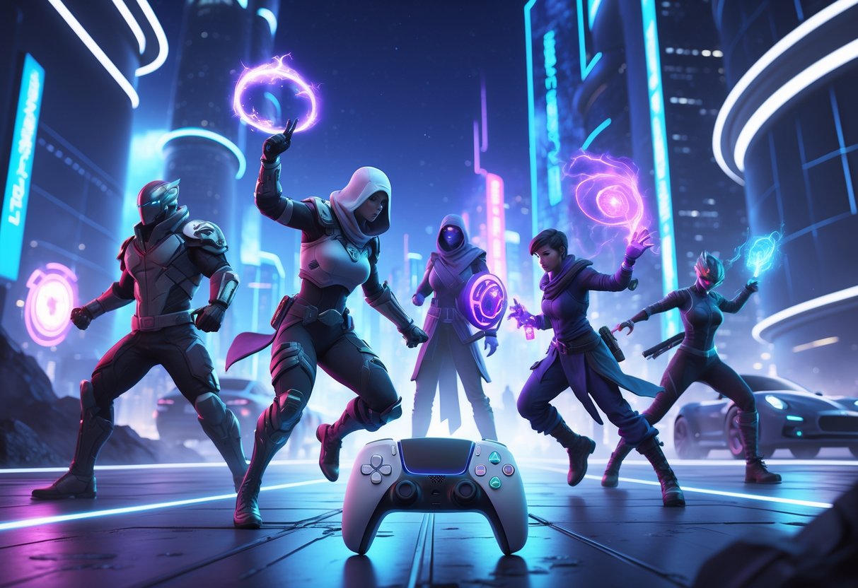 Cena com personagens diversos de jogos futuristas em ação, com uma cidade iluminada ao fundo e o console PS5 representado de forma sutil.