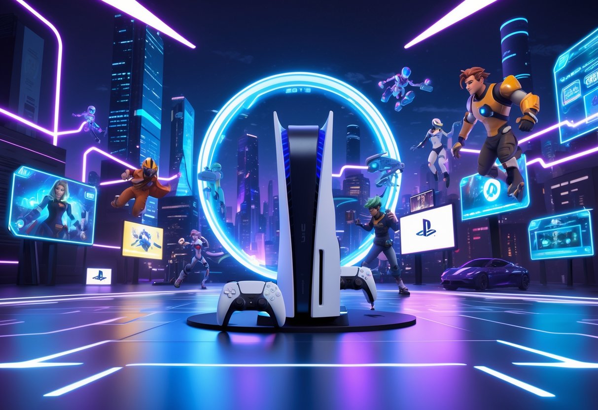 Ambiente futurista com um console PS5 no centro, personagens de jogos flutuando em hologramas, e uma cidade moderna ao fundo com luzes brilhantes.