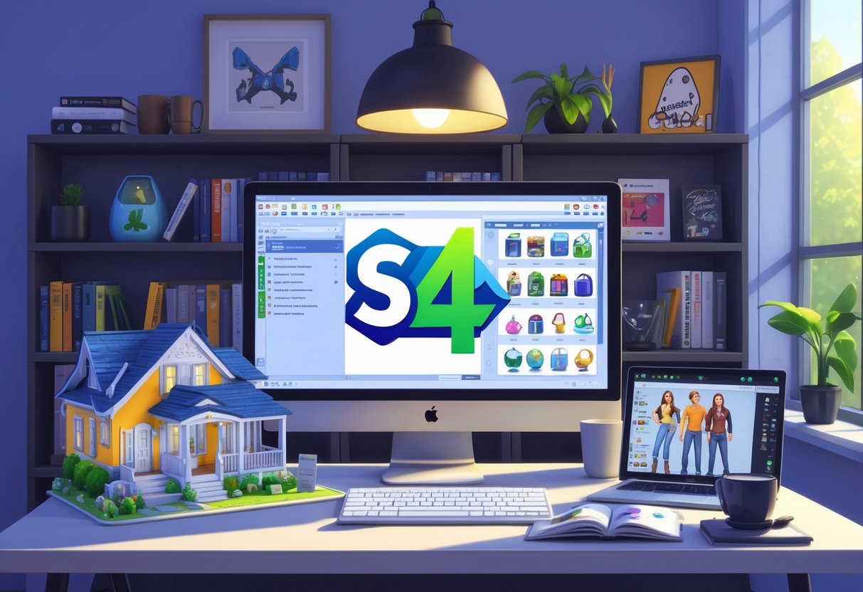 Uma mesa de trabalho com computador mostrando o jogo The Sims 4, cercada por modelos de casas, móveis personalizados e personagens variados, representando a instalação de mods no jogo.