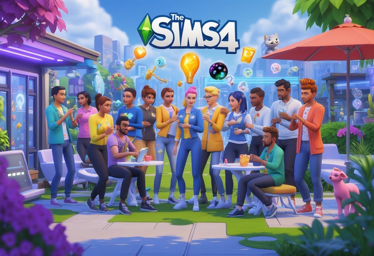 Cena colorida com personagens do jogo The Sims 4 interagindo em ambientes variados que mostram diferentes modificações do jogo, incluindo tecnologia futurista, decoração personalizada, elementos mágicos e atividades diversas.