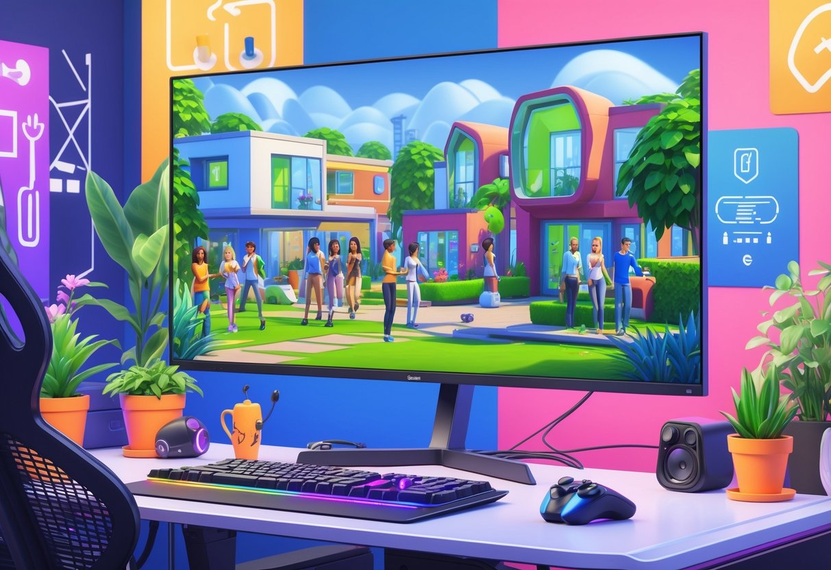 Cena de um setup de jogos com personagens e casas do The Sims 4, mostrando diferentes modificações e elementos personalizados do jogo.