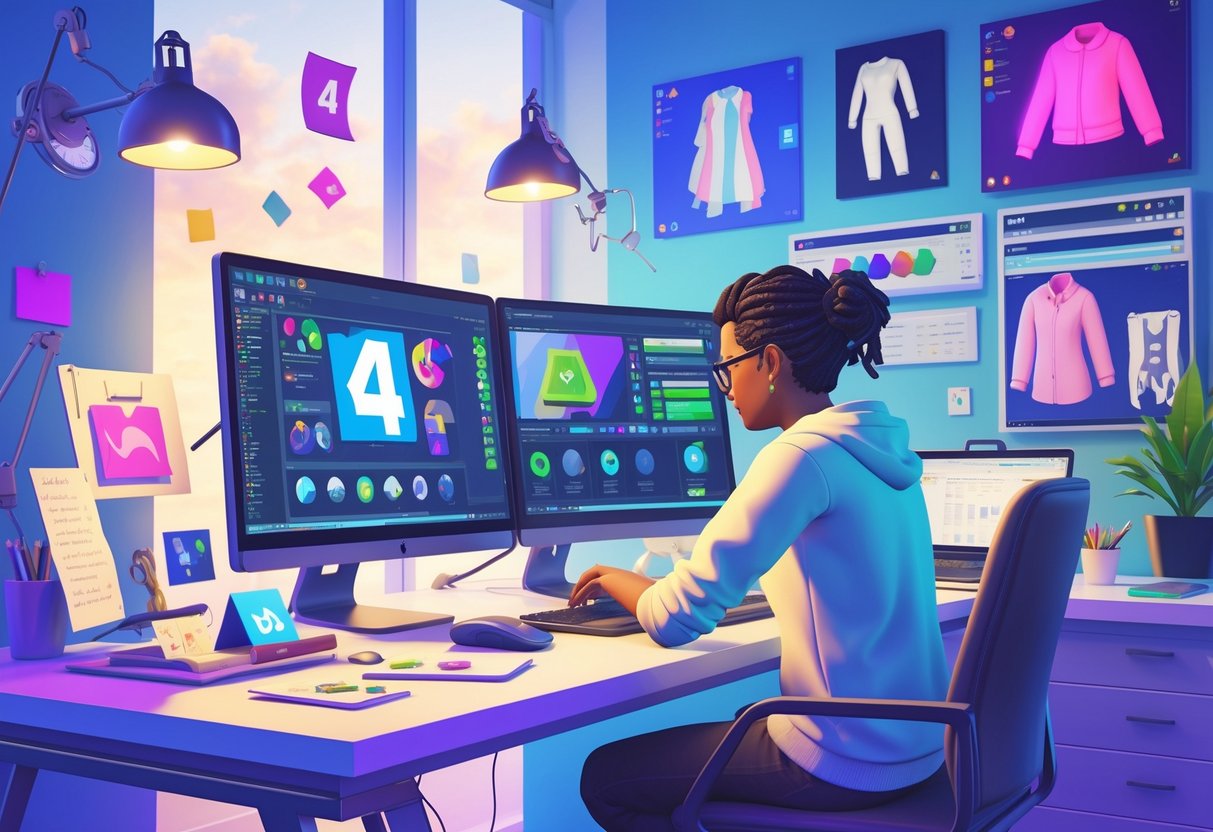 Pessoa trabalhando em um computador com telas mostrando o jogo The Sims 4 e elementos relacionados a mods, em um ambiente moderno e iluminado.
